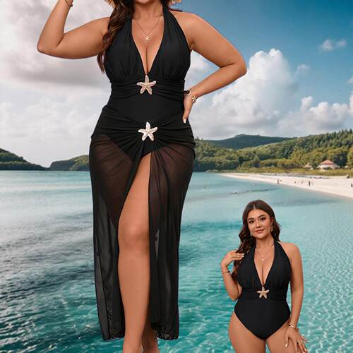 Plus Size Metal Starfish Decor One-Piece & Cover Up Skirt