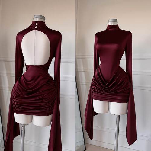 Women's semi high neck long sleeved backless short dress