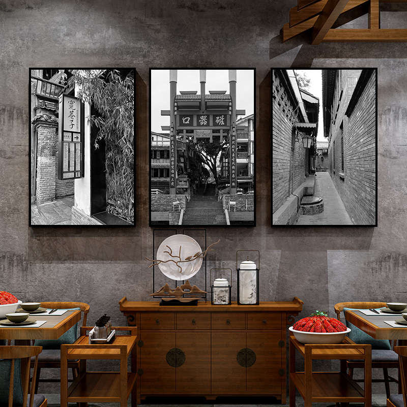 老四川装饰画成都建筑怀旧黑白照片挂画重庆火锅店餐厅川菜馆壁画图片