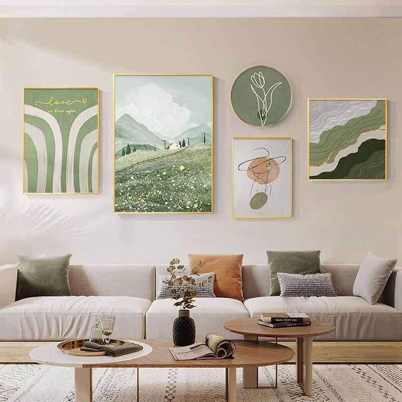 北欧风客厅装饰画抽象风景沙发背景墙挂画小清新餐厅挂钟组合壁画