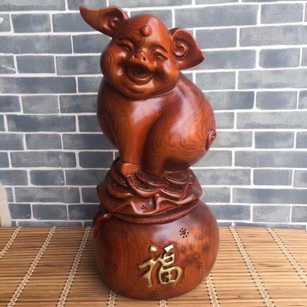 供应木雕工艺福猪摆件 十二生肖草花梨木对猪木质工艺品