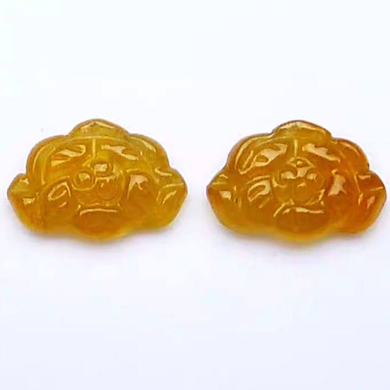 天然翡翠冰种黄翡花朵一对精品戒面莲花裸玉送鉴定证书0.33g