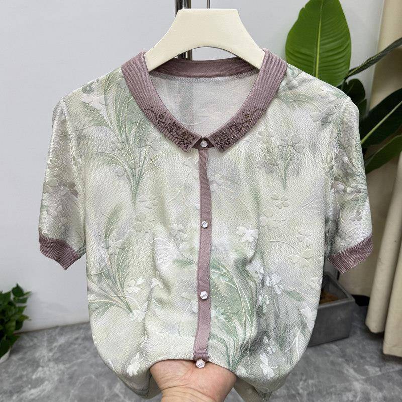 洋派妈妈夏装碎花冰丝短袖T恤2026新款套装老人衣服中老年女小衫
