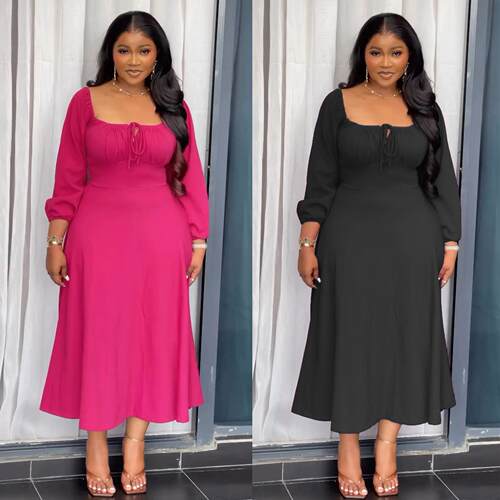 Off shoulder long skirt with drawstring, square neckline,