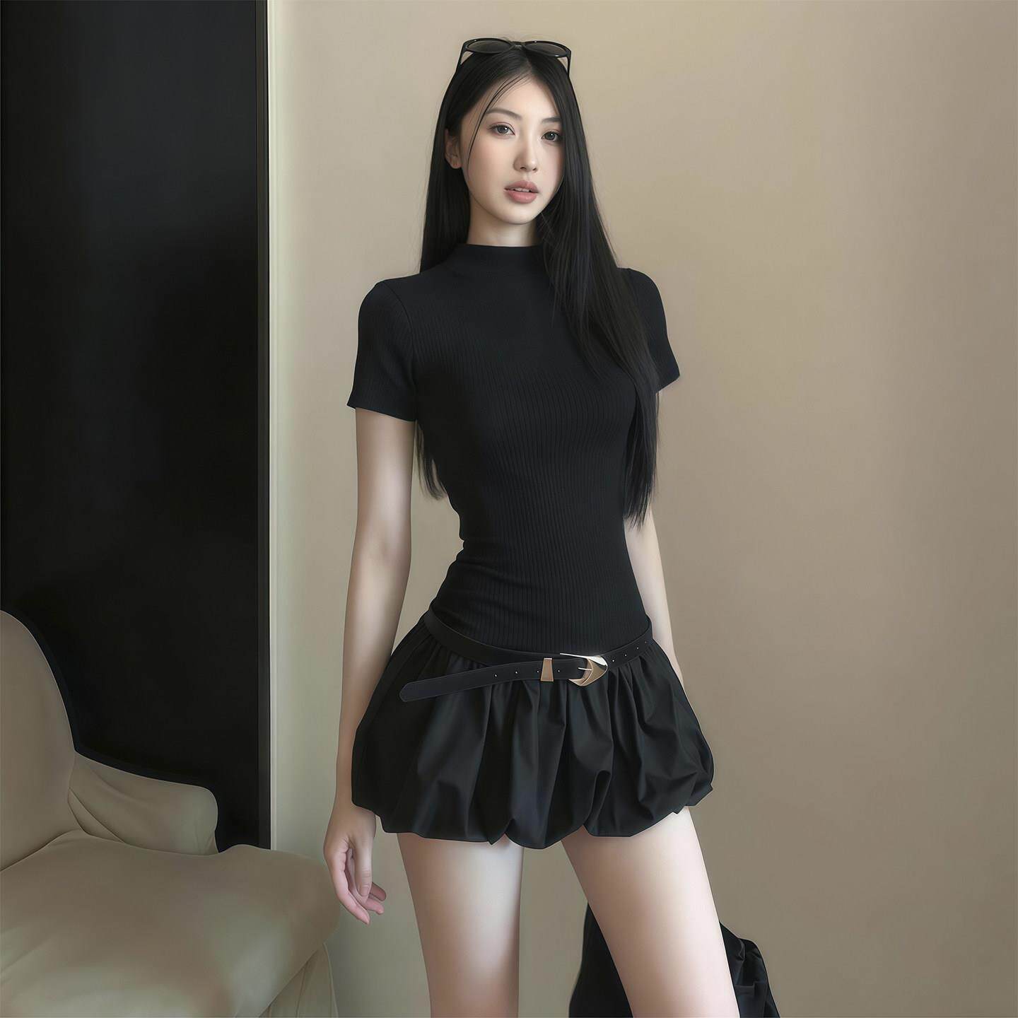 辣妹修身显瘦掐腰小黑裙子女夏季短款收腰黑色A字花苞蓬蓬连衣裙