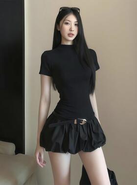 辣妹修身显瘦掐腰小黑裙子女夏季短款收腰黑色A字花苞蓬蓬连衣裙