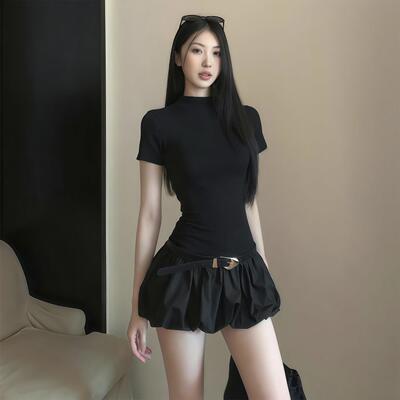 辣妹修身显瘦掐腰小黑裙子女夏季短款收腰黑色A字花苞蓬蓬连衣裙