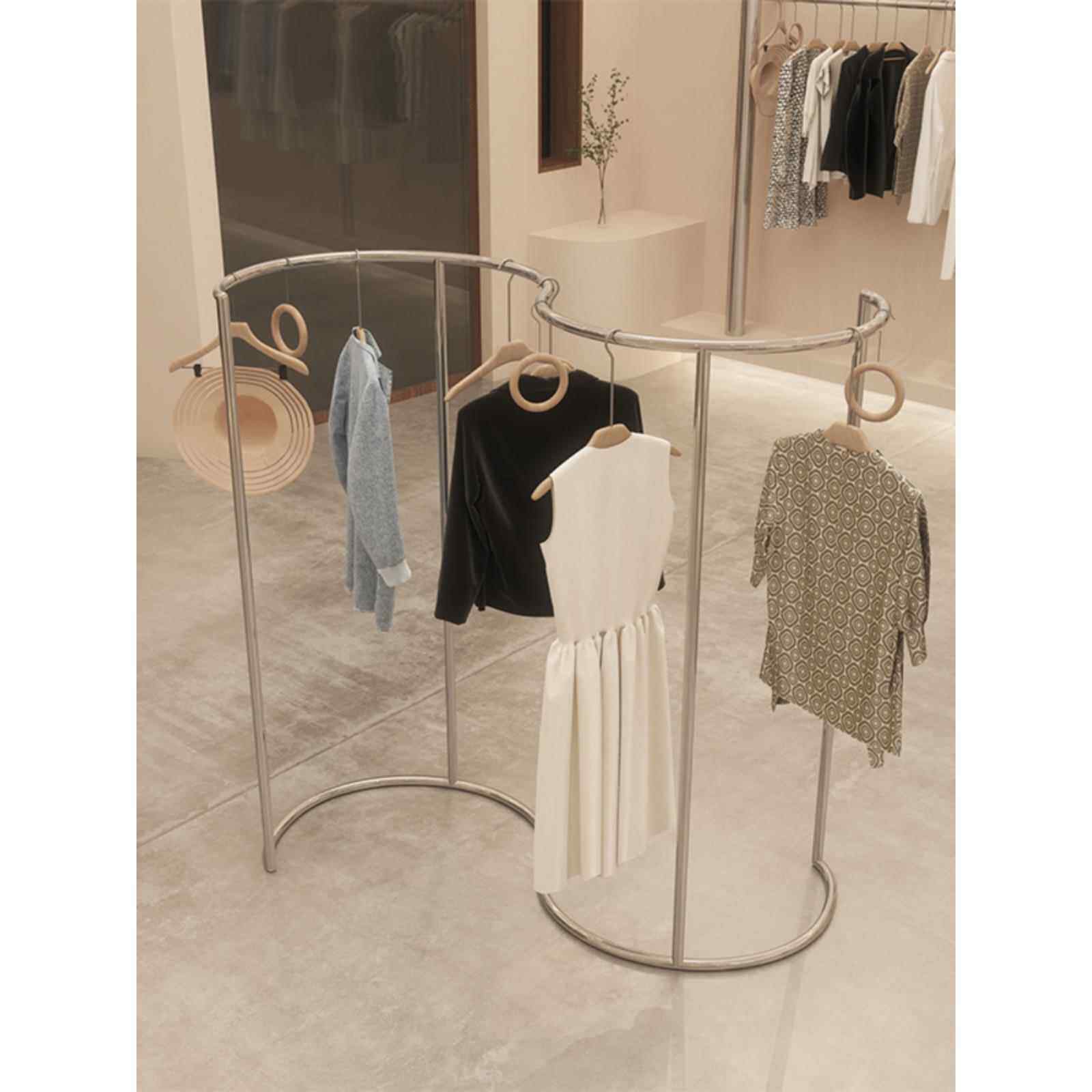 不锈钢弯岛架服装店展示架地板立式货架展示道具服装挂杆s型设计