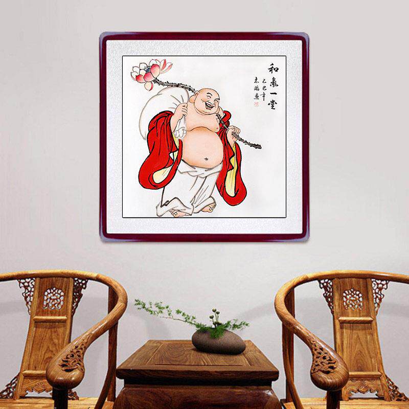 风水网红招财弥勒佛菩萨手绘画像斗方入户玄关客厅沙发挂装饰背景