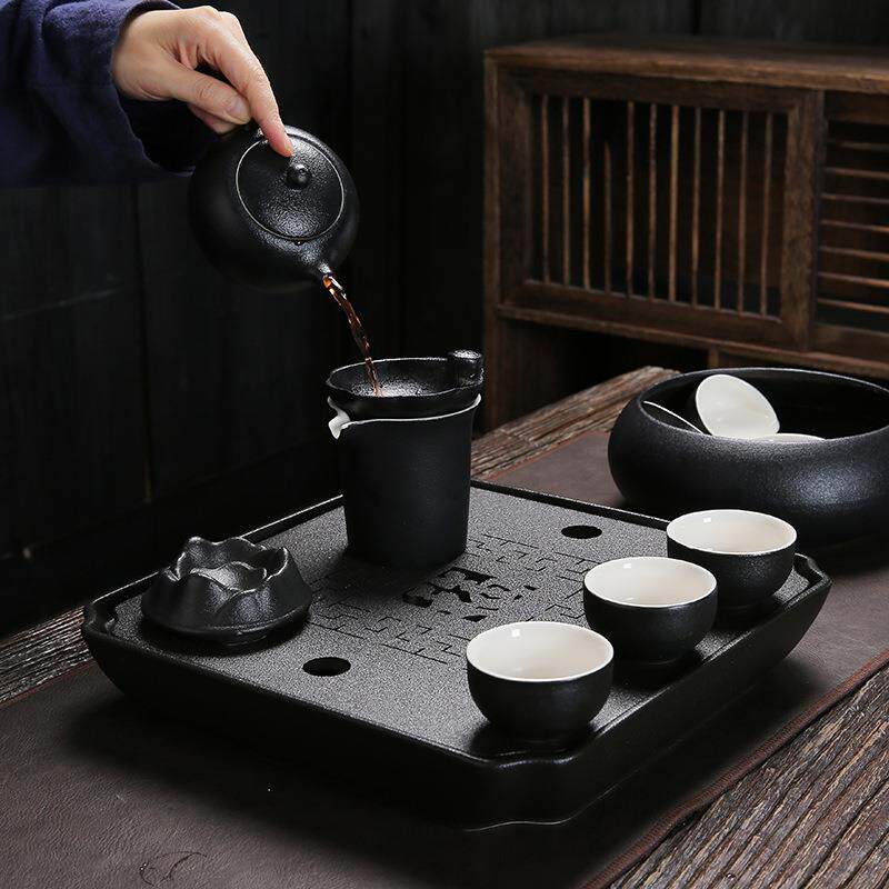 直销新款原矿黑陶功夫茶具套装家用轻奢带茶盘冲茶磨砂粗陶沏茶壶