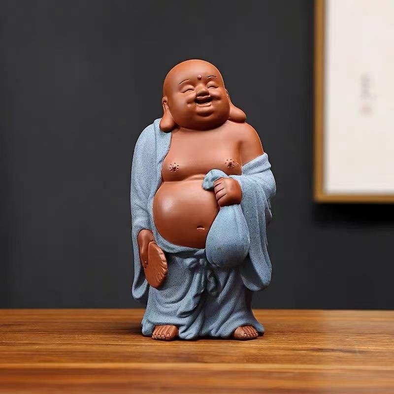 紫砂布袋弥勒摆件办公室桌面装饰茶桌博古架