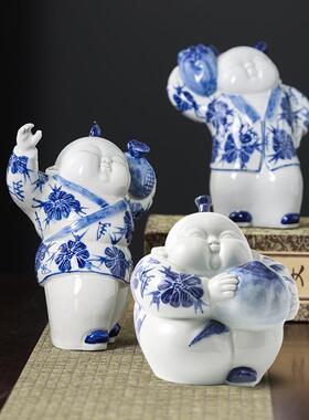客庄景德镇青花瓷人物雕塑瓷陶瓷摆件时饰品寿桃福寿陶瓷人物摆件