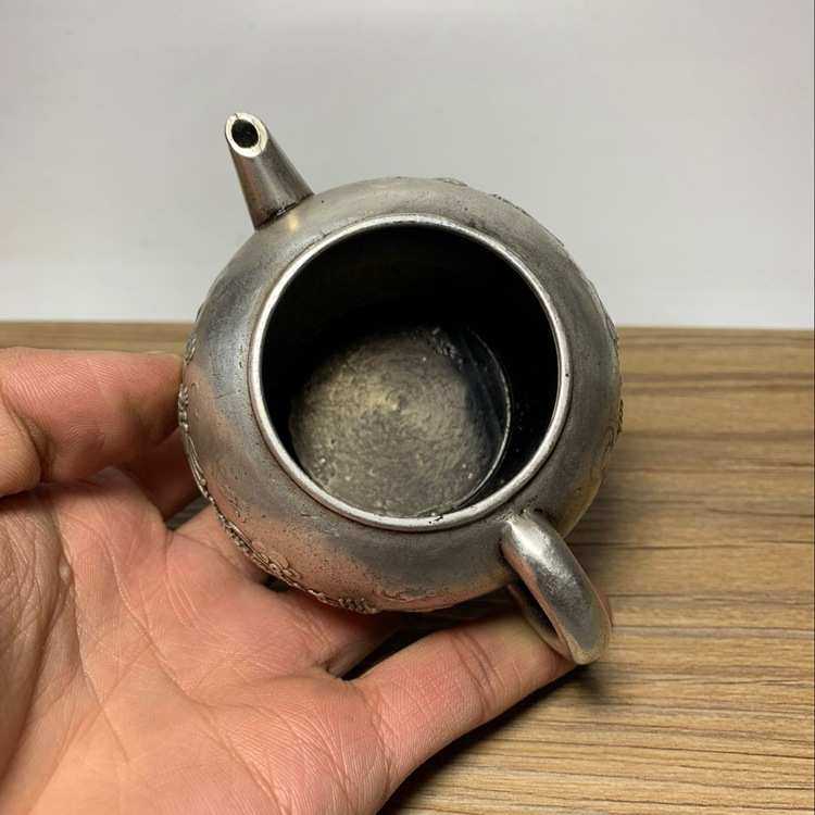 件杂项货铜小古董茶壶洪老银字款纯铜苗铜器仿古古玩 老物龙镀银