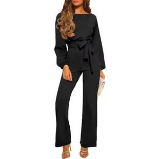 Women's Solid Color Belted Keyhole Neckline Fitted Jumpsuit