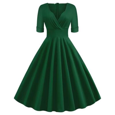 Vintage Red V-Neck with Pleated Details Swing Dress 1950s
