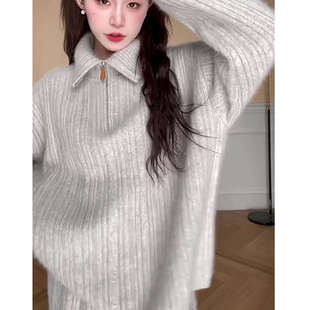 秋冬装搭配一整套韩系时尚休闲洋气高级感灰色显瘦遮肉毛衣套装女