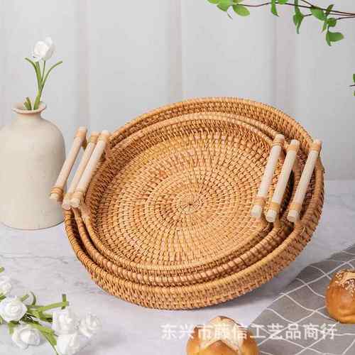 越南藤编木手提托盘圆形果盘面包篮水果篮