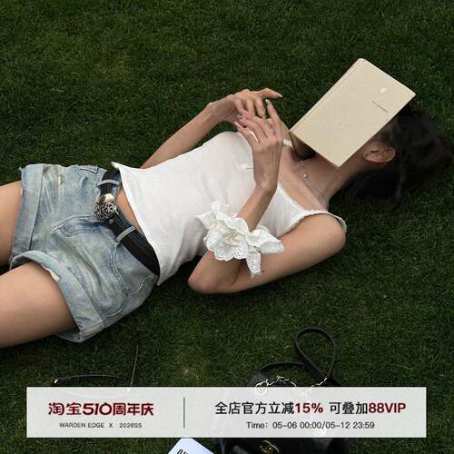 韩好甜WARDEN EDGE 蓝色卷边牛仔短裤女夏辣妹宽松显瘦低腰阔腿裤