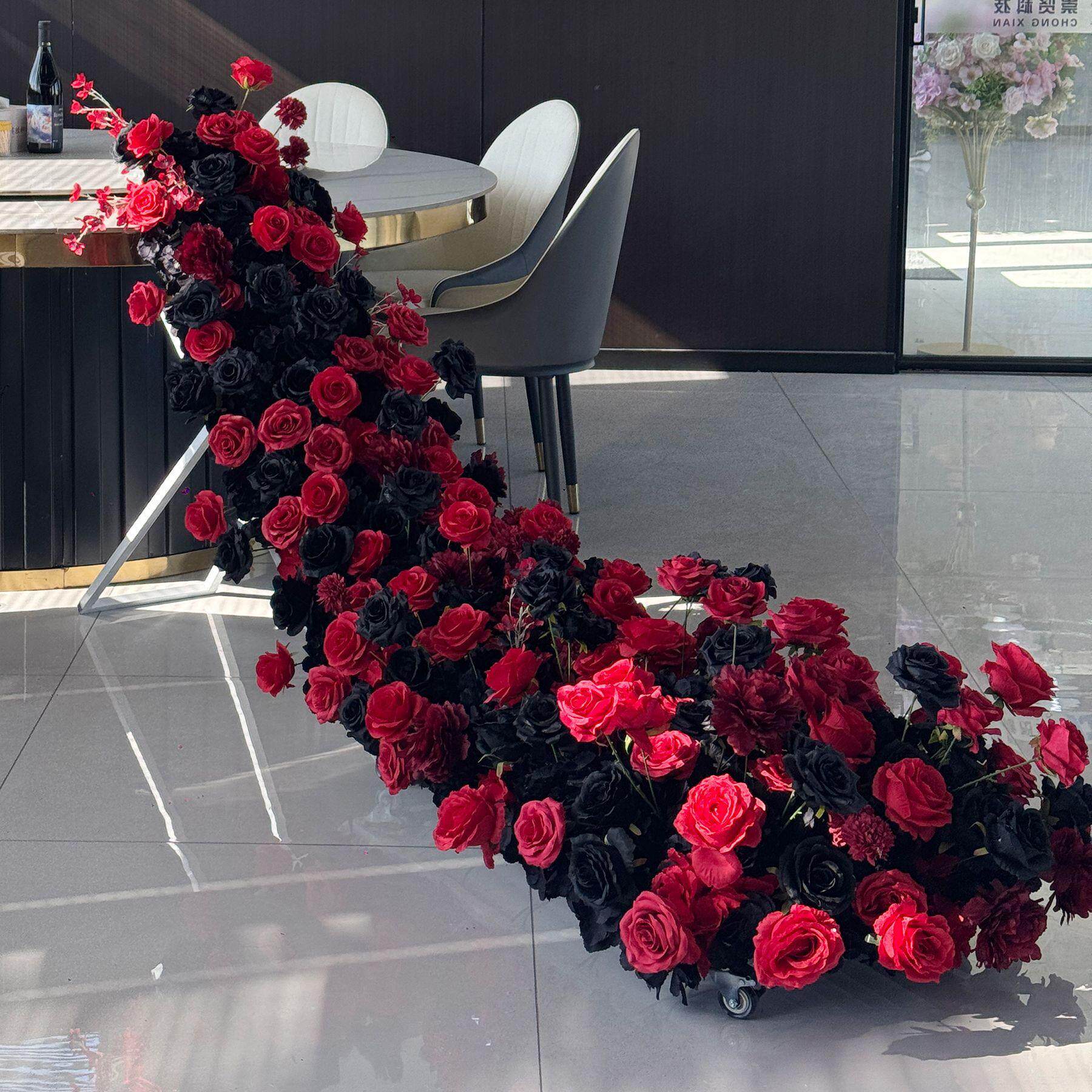 婚庆玫瑰长条花排桌花 酒店生日宴会背景假花布置装饰仿真花道具
