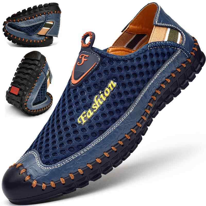 男士夏季薄款透气休闲皮鞋网面凉鞋运动一脚蹬懒人网眼网布旅游鞋