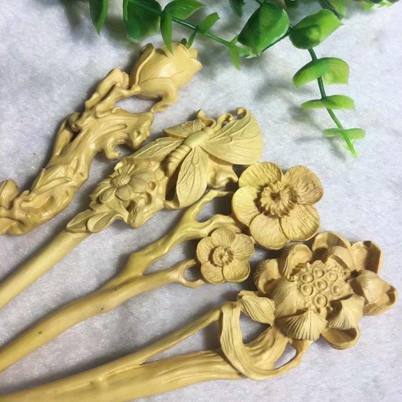 小叶山水花卉发簪木簪 黄杨木圆雕摆饰摆件