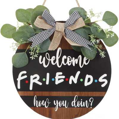 木制门前迎宾Welcome挂牌 圆形木质门牌欢迎麻绳悬挂蝴蝶结挂板