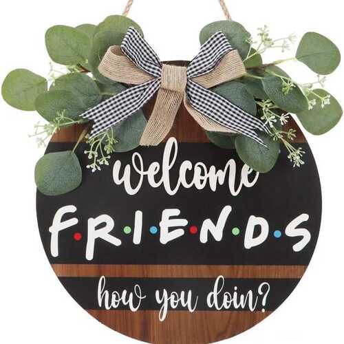 木制门前迎宾Welcome挂牌 圆形木质门牌欢迎麻绳悬挂蝴蝶结挂板