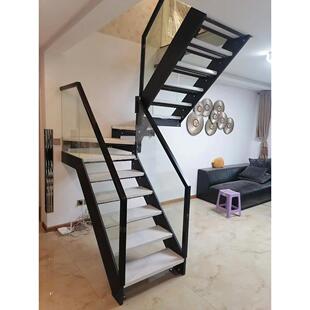 定制双梁楼梯钢化玻璃扶手栏loft梯现代家用覆式简约宽梁实木步梯