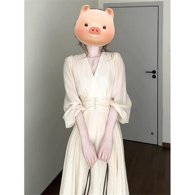 法式连衣裙女春季穿搭新款温柔风V领独特漂亮长袖小个子气质长裙