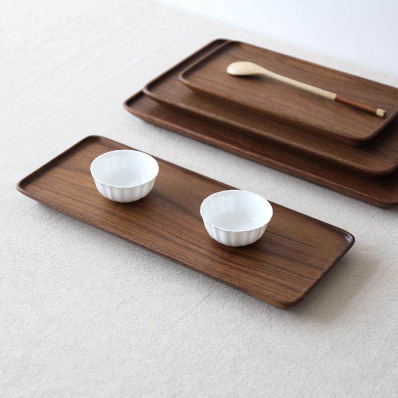 雨茶木/日式圆边托盘整实木盘黑木胡桃樱桃木圆托边盘长方形餐盘