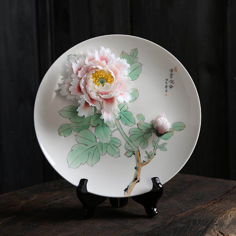 手捏牡丹花摆件陶瓷花朵手绘挂盘酒柜电视柜装饰品客厅工艺品礼品