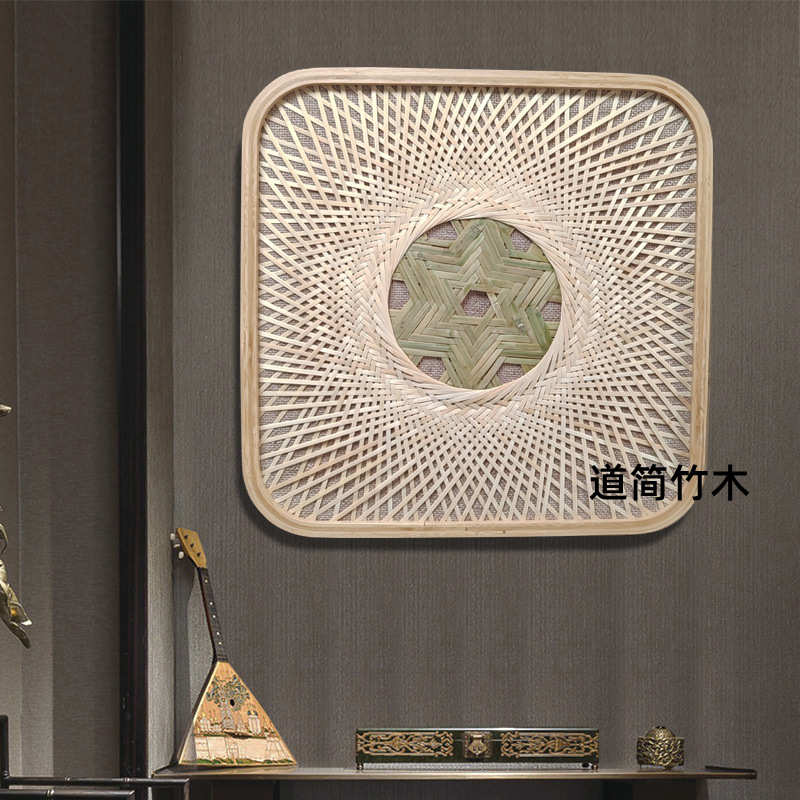 茶楼宿现代民方形酒店圆形简约墙画纯手工挂画背景相框竹编装饰画