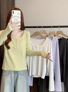 修身短款长袖T恤女2026年新款春季大尺码胖mm圆领覆古气质打0110w