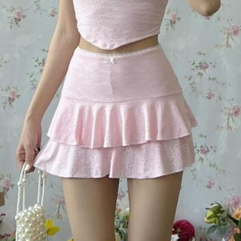 Girly pure style double-layer skirt pink hollow tight for