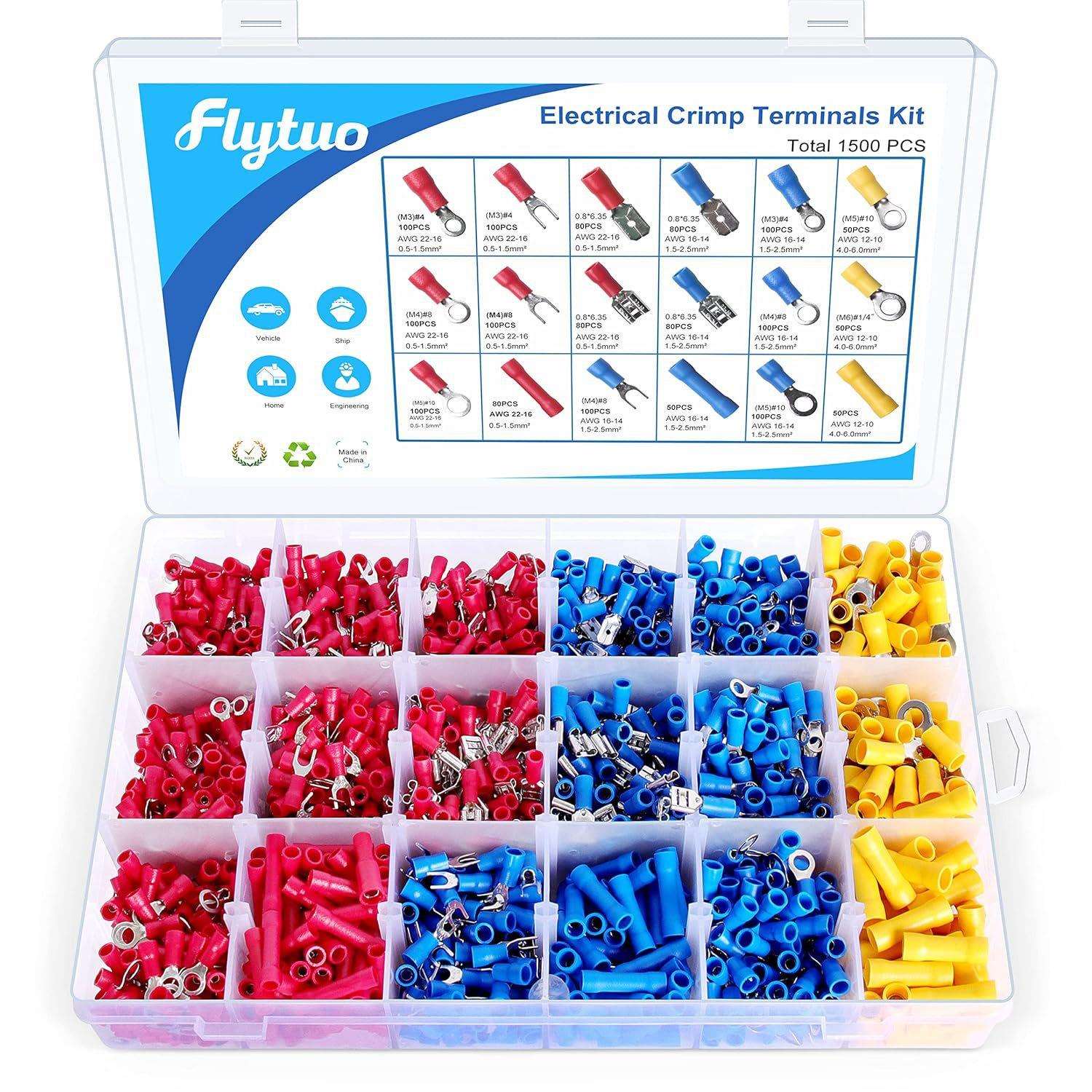 Flytuo 1500 个绝缘线电气连接器-环、叉子、铲形、对接压接端子
