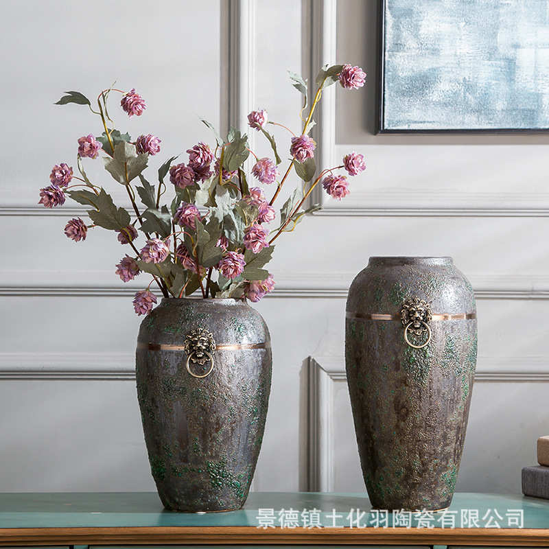 摆件陶景德镇 花瓶干花装饰落地粗插花复古批发客厅陶罐陶瓷花瓶