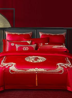 高档140s支全棉长棉被婚庆四件套套红色床上大用品绒新中式结婚十
