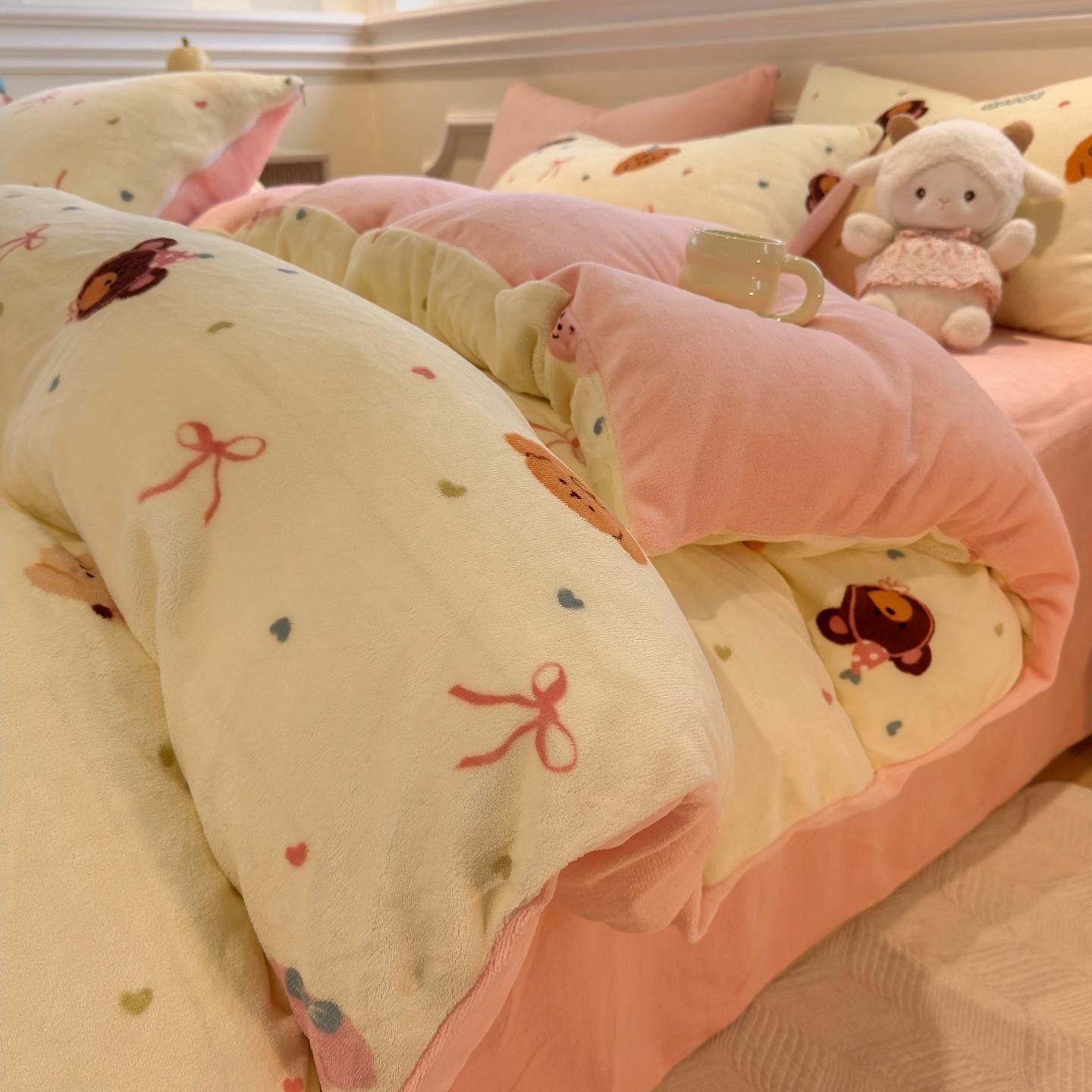 韩式ins风少女感牛奶绒印花四件套主卧秋冬床单被套学生床品套件,床上用品,床品套件/四件套/多件套,淘宝优惠券,粉丝福利购,淘宝优惠卷