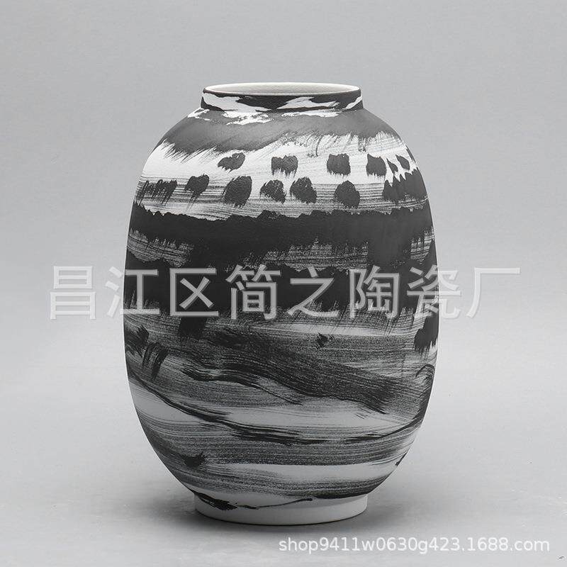 现代黑白陶瓷花瓶摆件中式古典客厅家居饰品台面花器插花艺术摆设