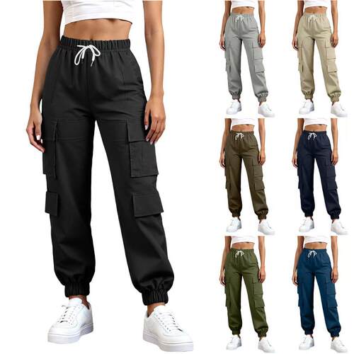 Straight tube elastic waistband pocket workwear long pants