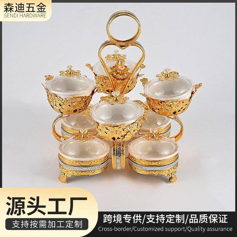欧式创意铁艺水晶糖果盘带提手篮家居宴会轻奢点心八格糖果盒