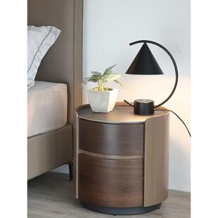 QH2368意式极简床头柜胡桃木简约现代岩板圆形烤漆实木卧室高端床