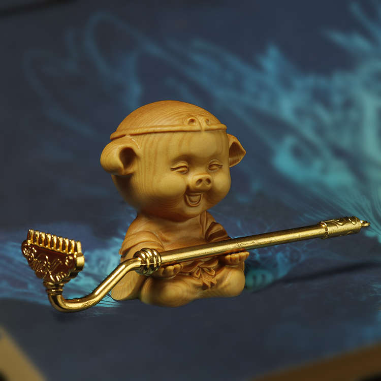 厂家批发黄杨木雕生肖猪手把件工艺品猪车摆件茶宠猪八戒