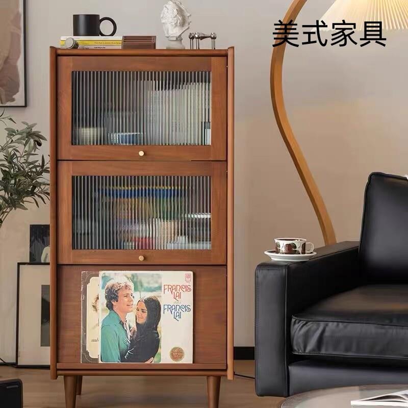 北欧复古实木书柜中古杂志柜客厅翻门收纳柜日式展示柜储物柜边柜