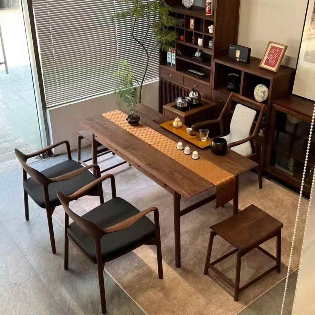 需定制新中式茶桌椅组合全实木办公桌室书桌茶台民宿黑胡桃白蜡木