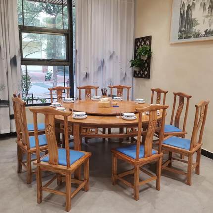实木大圆桌带转盘10人酒店饭店餐馆电动圆桌新中式仿古餐桌椅组合