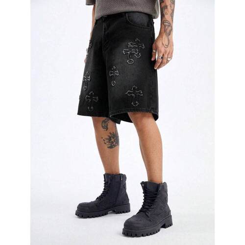 Q 83910 Cross patch denim couple shorts 拼皮情侣牛仔短裤