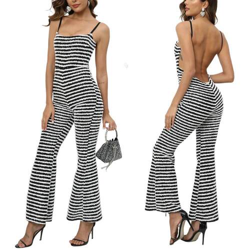 Polyester Striped Open Back Halter Jumpsuit, Fashion Outfit