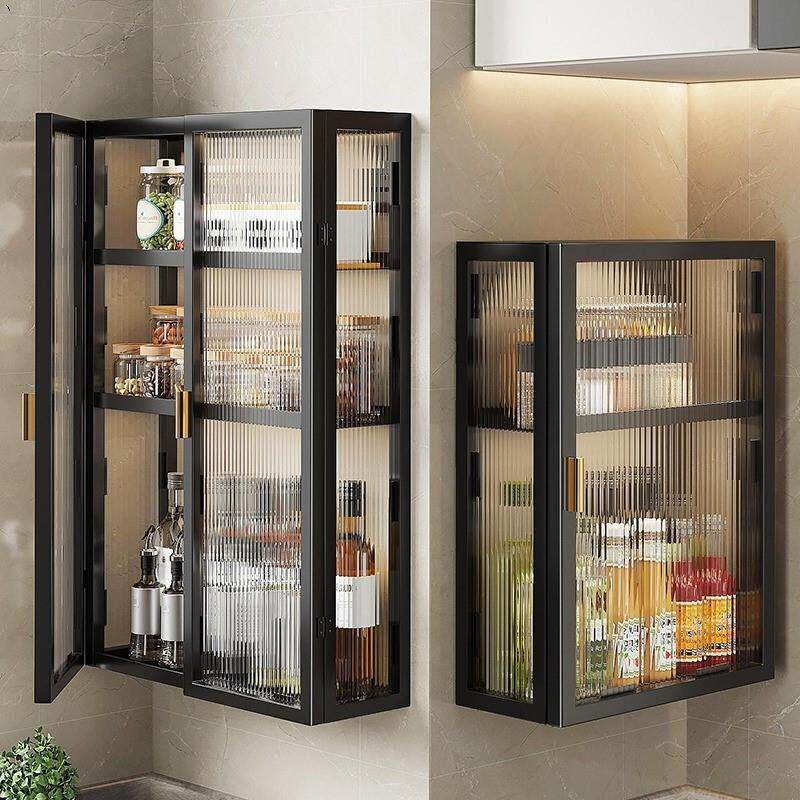 厨房墙壁置物柜免打孔壁挂式带门防尘调味品调料置物架墙上储物柜