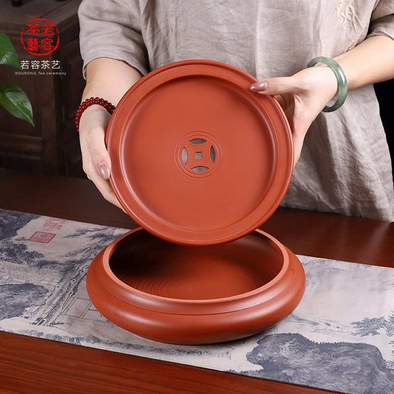 明德园茶道圆干泡台蓄水双层潮州功夫茶盘船朱泥客厅茶台乔迁送礼